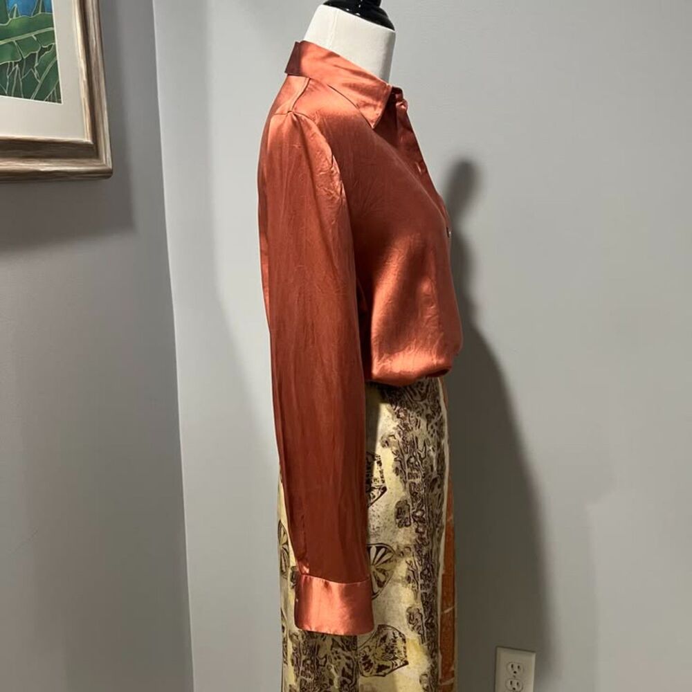 Caslon Rust Copper Pointed Collar Silk Long Sleeve Button-Down Blouse Top Medium - Picture 11 of 12